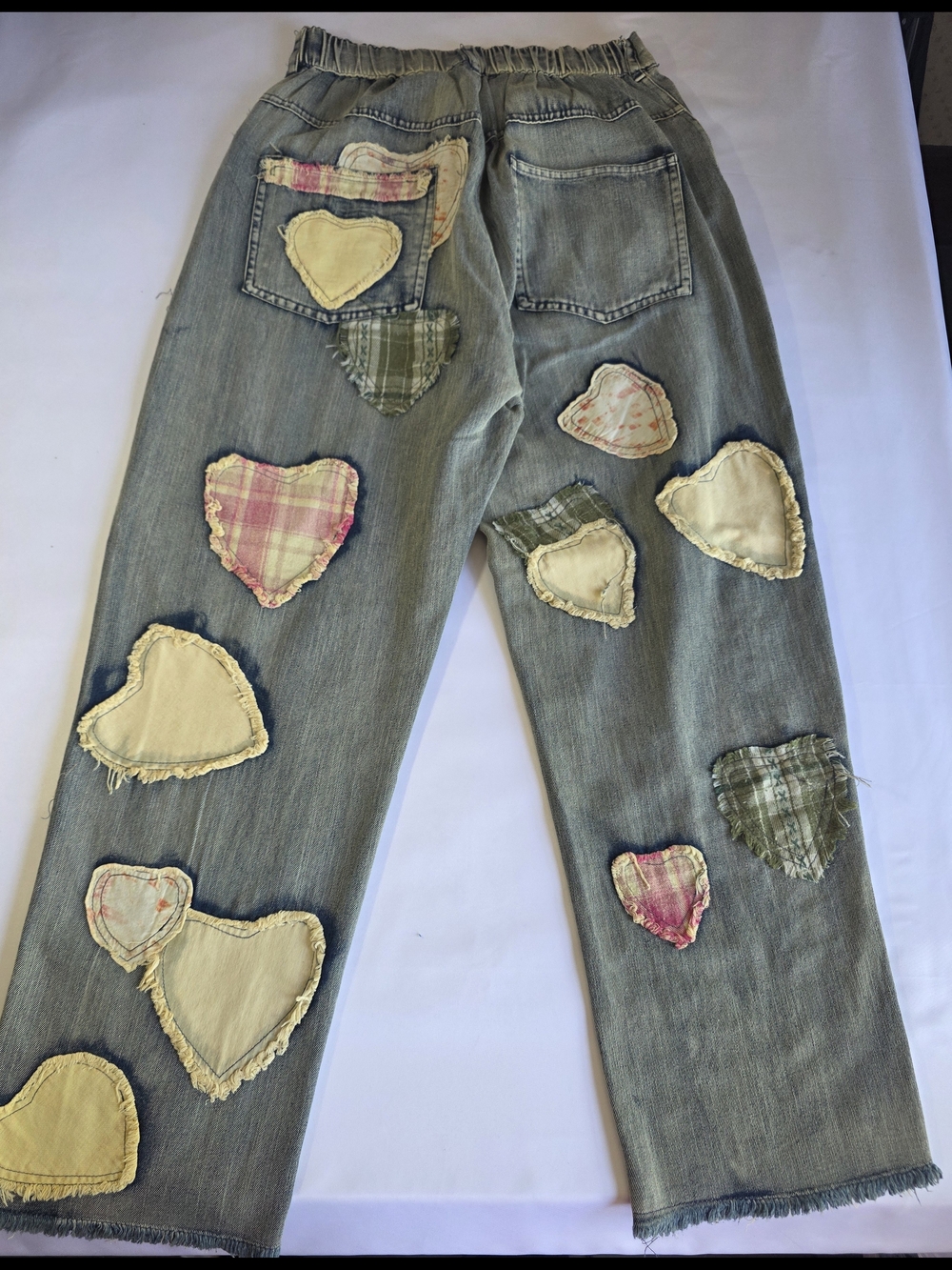 Blue Velvet Hippy Patchwork Embroidered Heart Jeans Boho Wide Leg Distressed - Picture 2 of 7